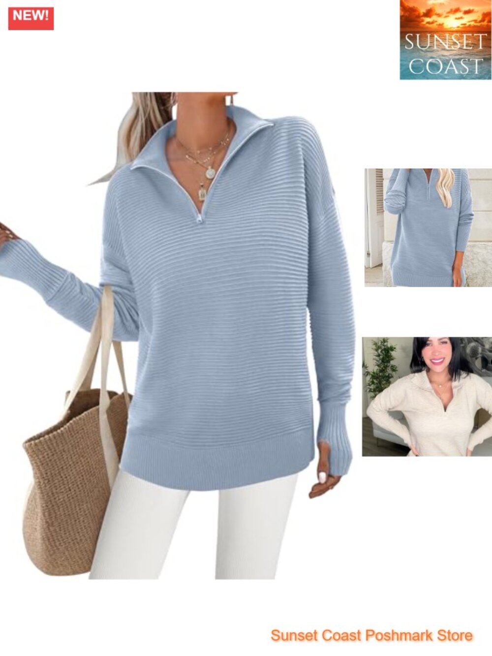 Womens Ribbed Knit Pullover Sweater Thumbholes Oversized Quarter Zip